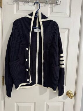 Thom Browne Navy and White Rib-Knit Cardigan